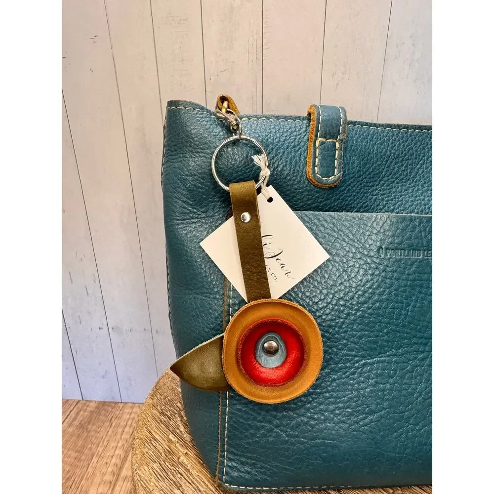 Genuine Leather Round Flower Purse Charm Brown Red Light Blue Boho Bag Charm